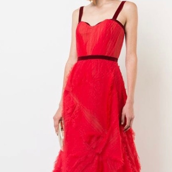 marchesa notte red tulle dress Roses Tulle Midi Dress